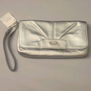 NWT Silver Leather Coach Wristlet